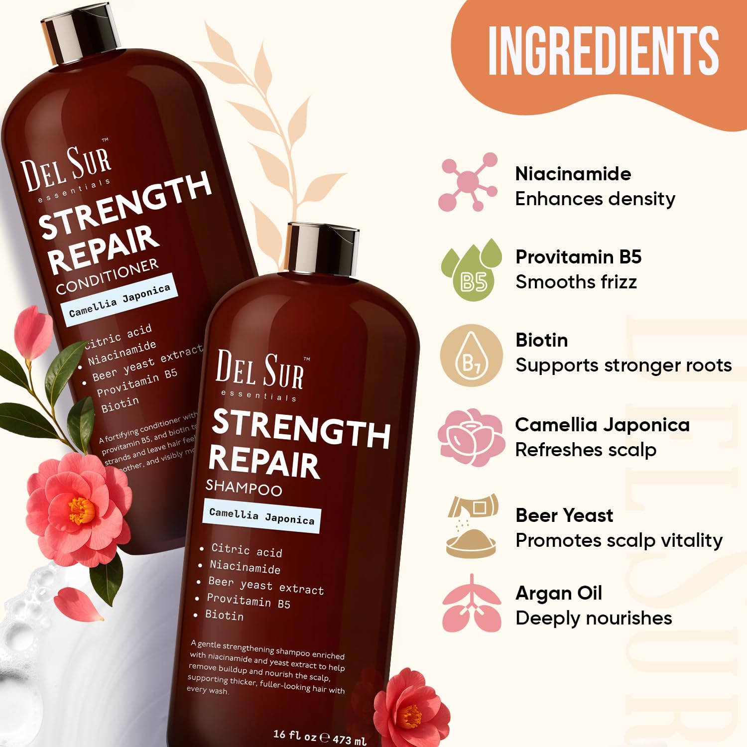 DEL SUR Hair Strengthening Shampoo & Conditioner Set | Camellia Japonica, Niacinamide, Provitamin B5 & Biotin – 16 fl oz Each