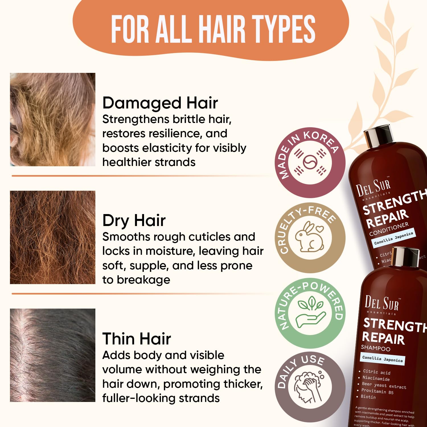 DEL SUR Hair Strengthening Shampoo & Conditioner Set | Camellia Japonica, Niacinamide, Provitamin B5 & Biotin – 16 fl oz Each