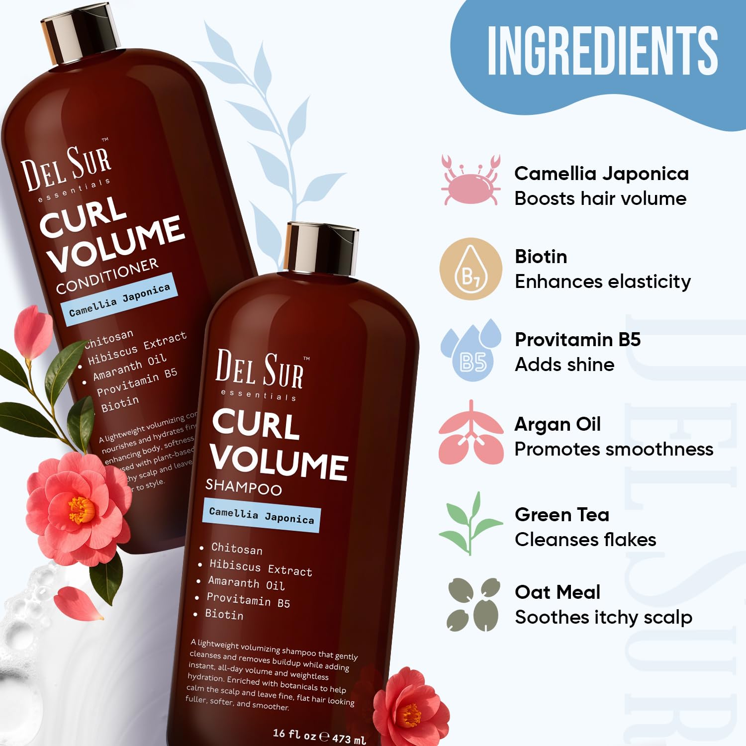 DEL SUR Curly Hair Shampoo & Conditioner Set — 16 oz Each | Camellia Japonica, Hibiscus & Amaranth Oil for Curl Definition, Volume & Hydration