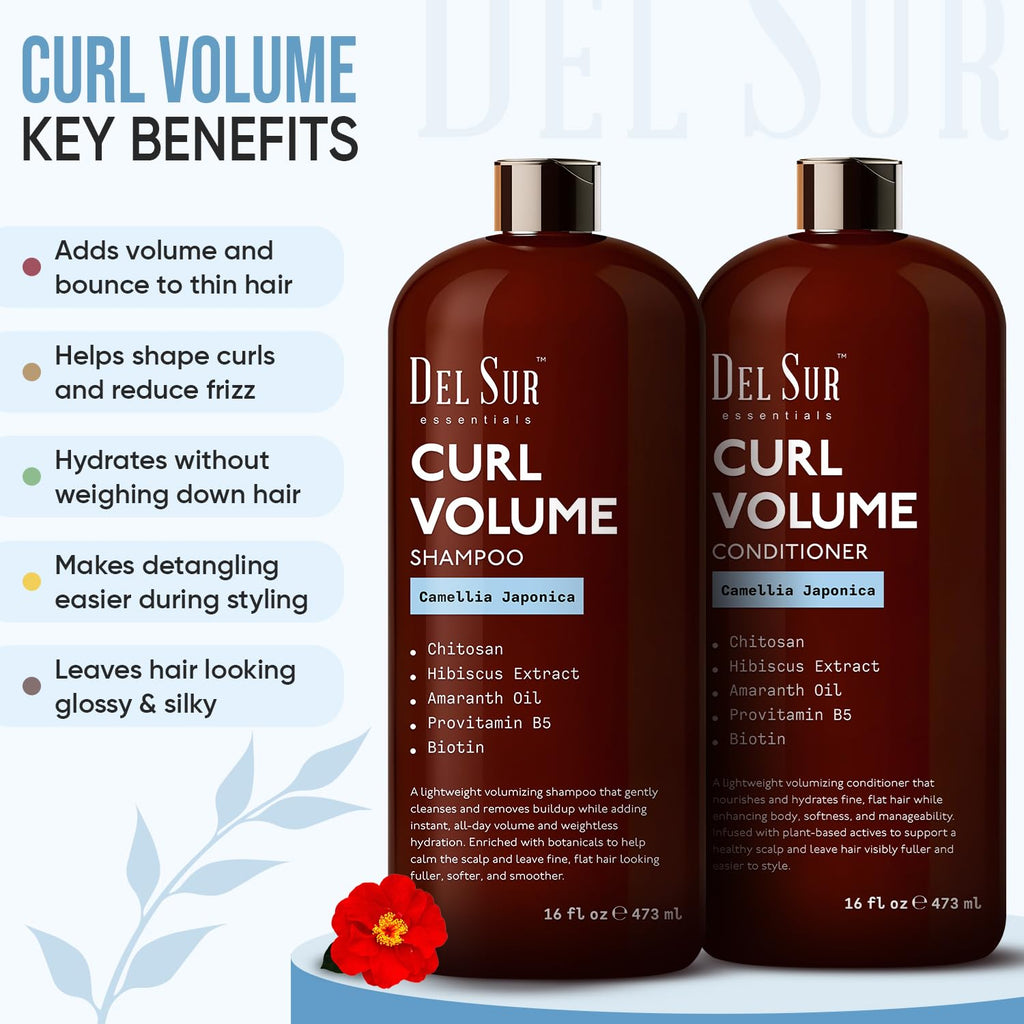 DEL SUR Curly Hair Shampoo & Conditioner Set — 16 oz Each | Camellia Japonica, Hibiscus & Amaranth Oil for Curl Definition, Volume & Hydration
