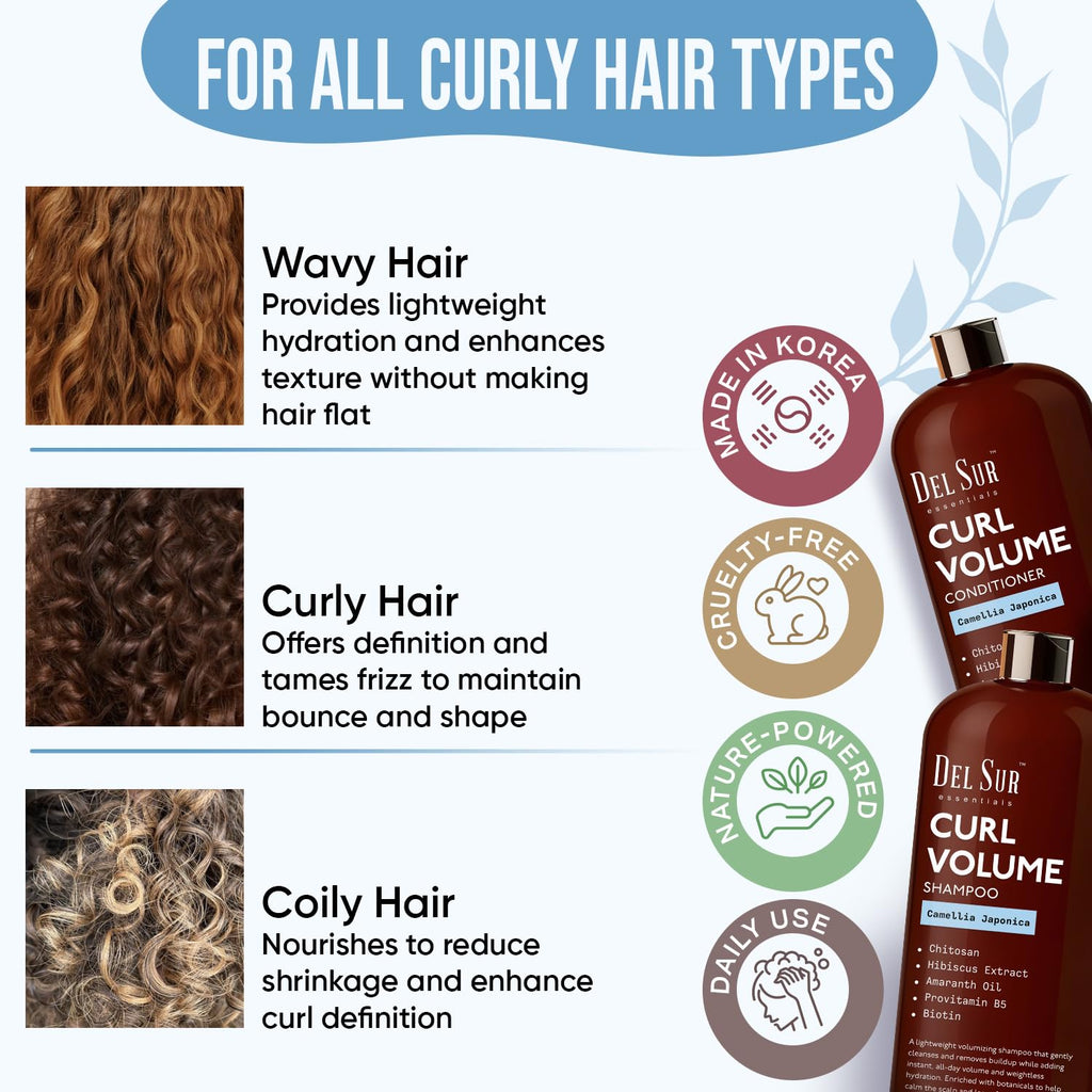 DEL SUR Curly Hair Shampoo & Conditioner Set — 16 oz Each | Camellia Japonica, Hibiscus & Amaranth Oil for Curl Definition, Volume & Hydration