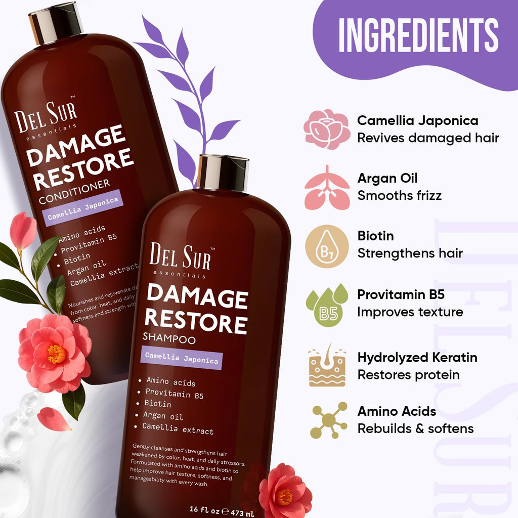 DEL SUR Hair Repair Shampoo & Conditioner Set | 16 fl oz Each | Camellia Japonica, Amino Acids, Biotin & Argan Oil
