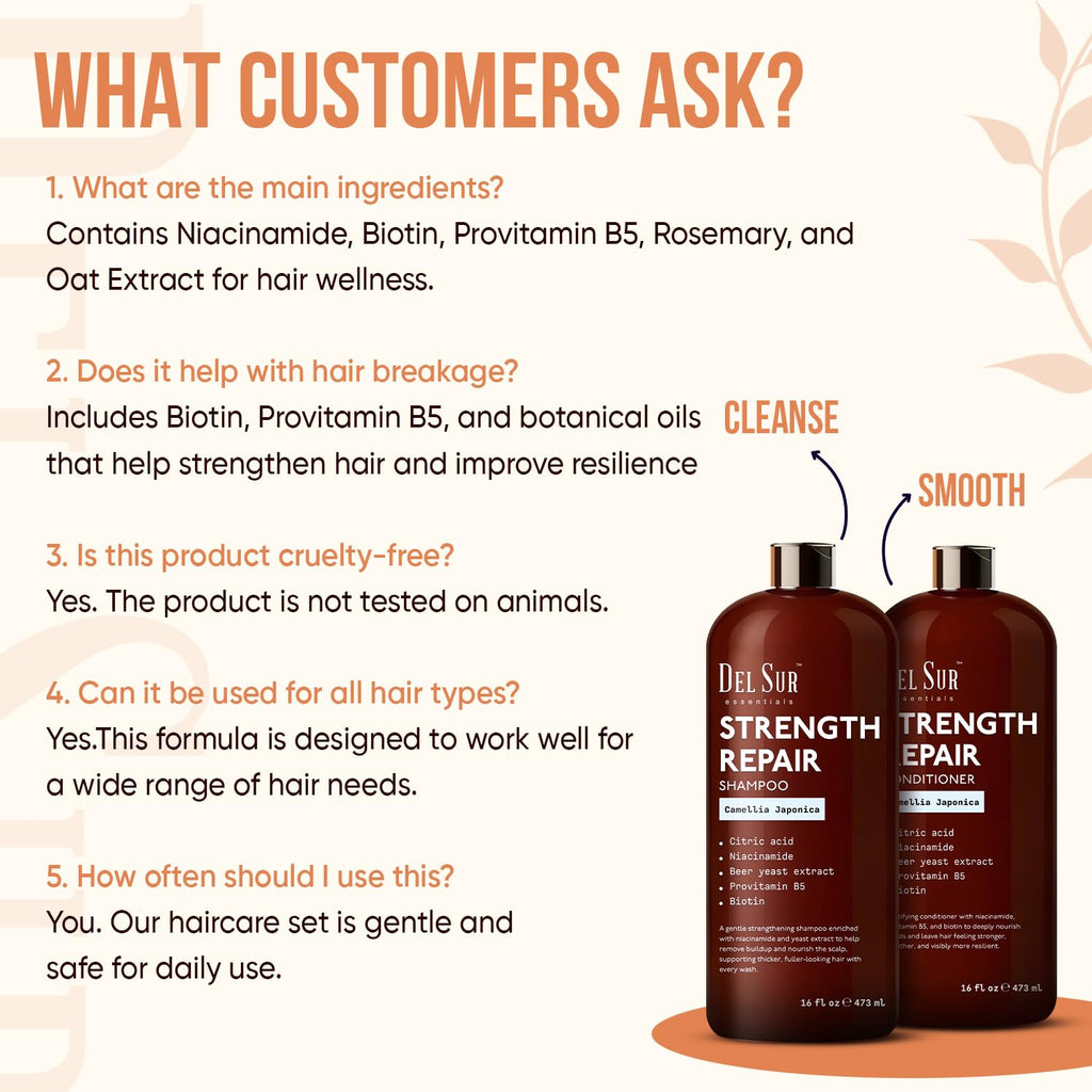 DEL SUR Hair Strengthening Shampoo & Conditioner Set | Camellia Japonica, Niacinamide, Provitamin B5 & Biotin – 16 fl oz Each