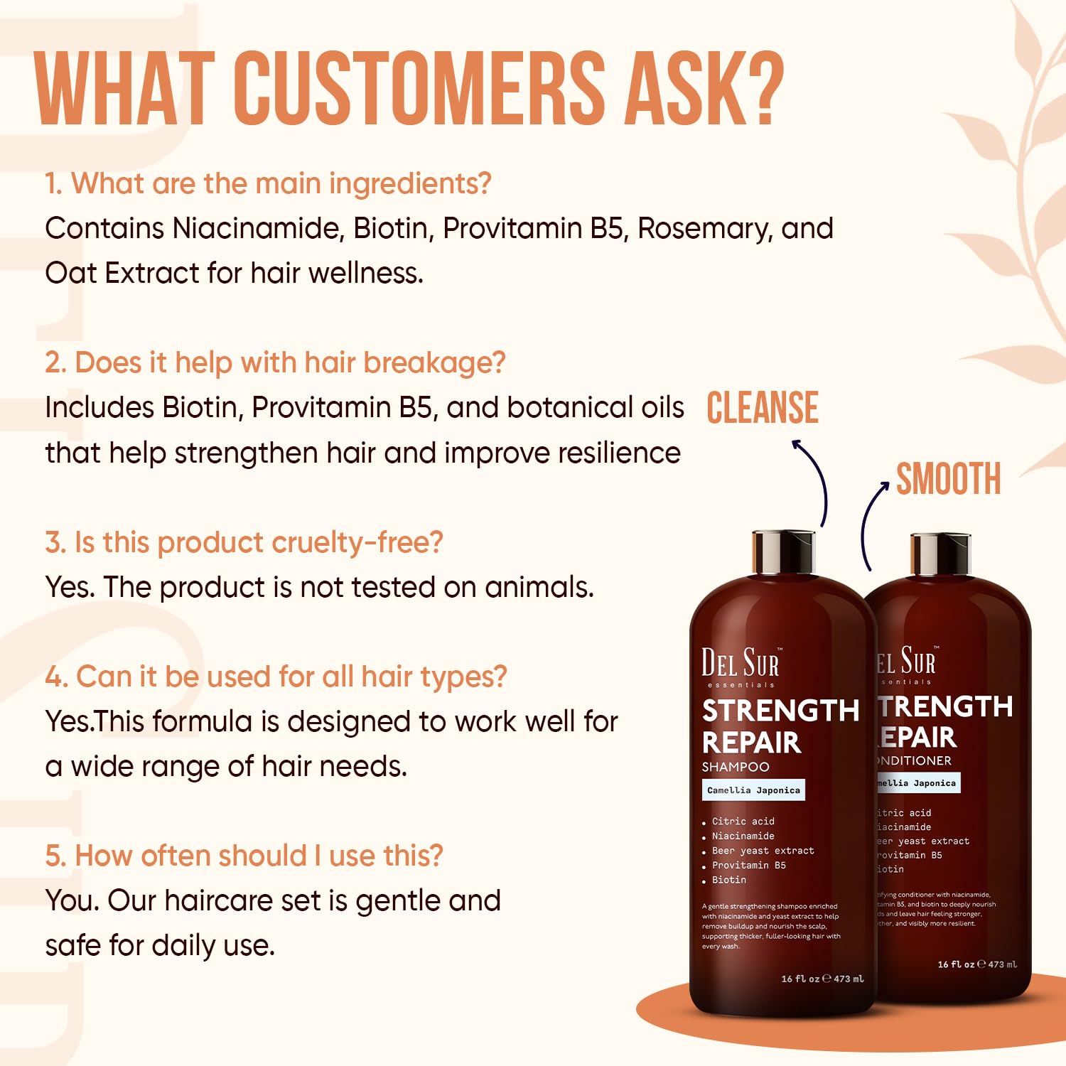 DEL SUR Hair Strengthening Shampoo & Conditioner Set | Camellia Japonica, Niacinamide, Provitamin B5 & Biotin – 16 fl oz Each