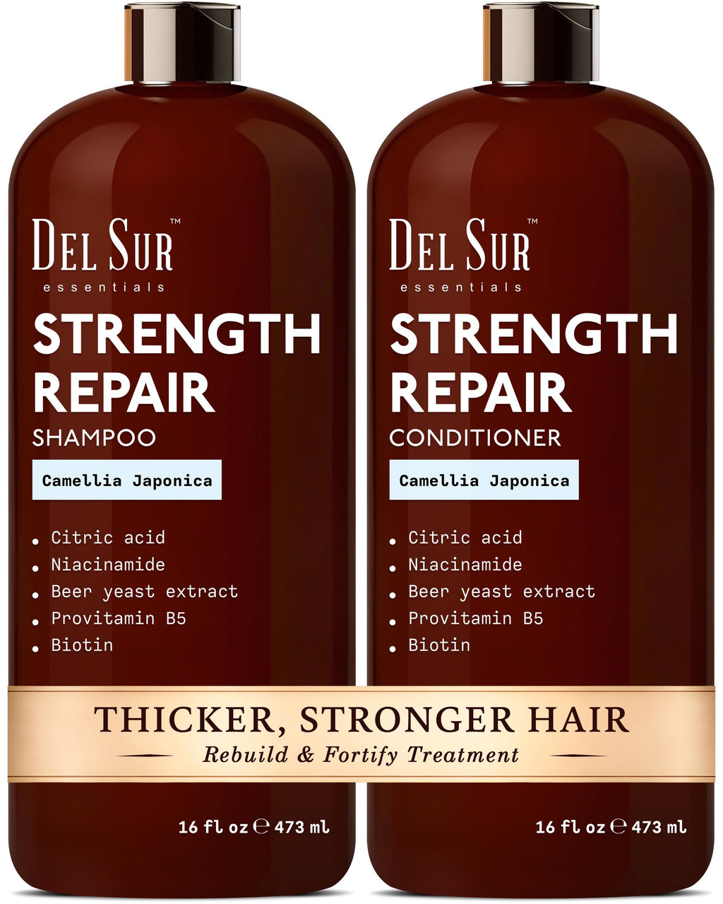 DEL SUR Hair Strengthening Shampoo & Conditioner Set | Camellia Japonica, Niacinamide, Provitamin B5 & Biotin – 16 fl oz Each