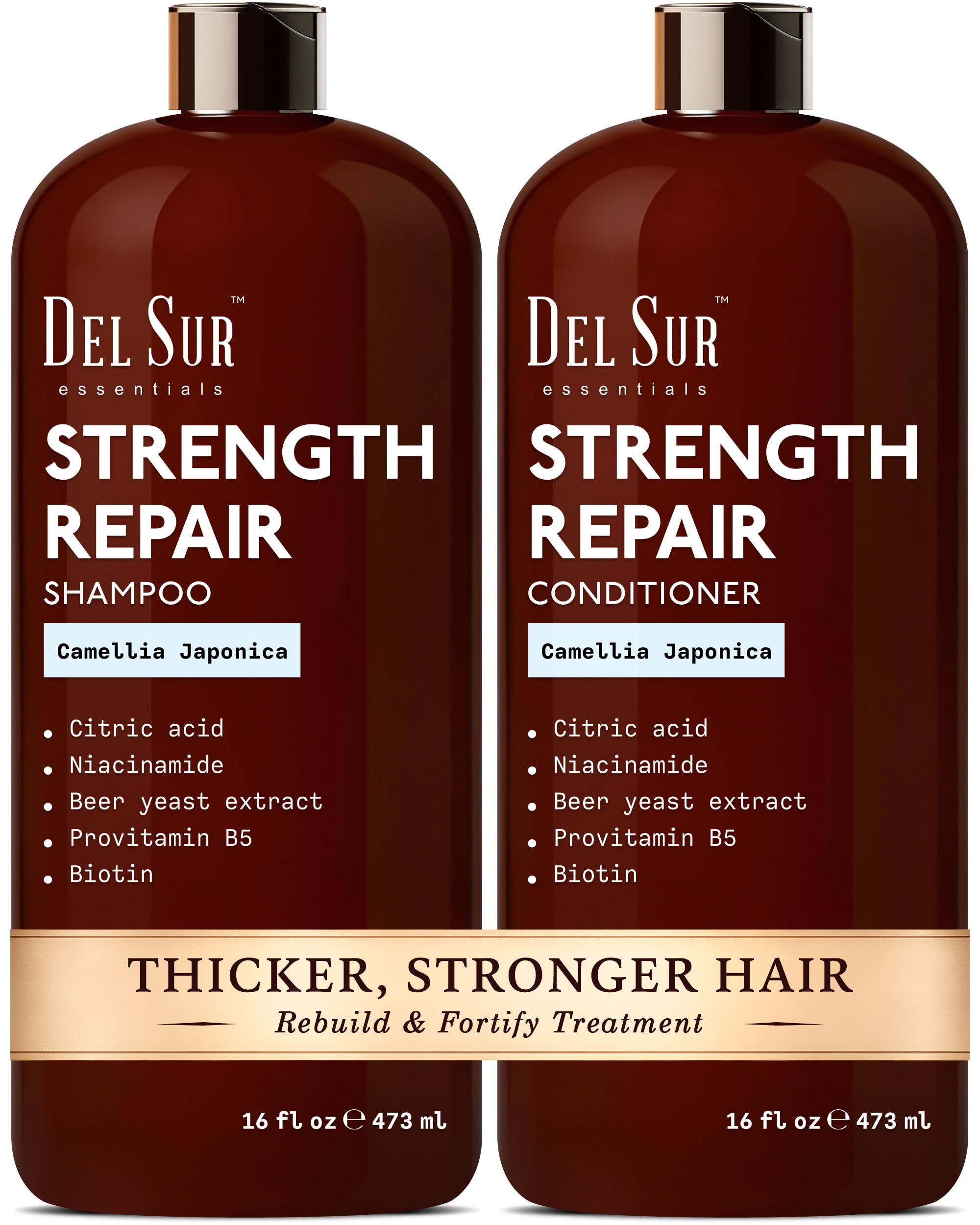 DEL SUR Hair Strengthening Shampoo & Conditioner Set | Camellia Japonica, Niacinamide, Provitamin B5 & Biotin – 16 fl oz Each