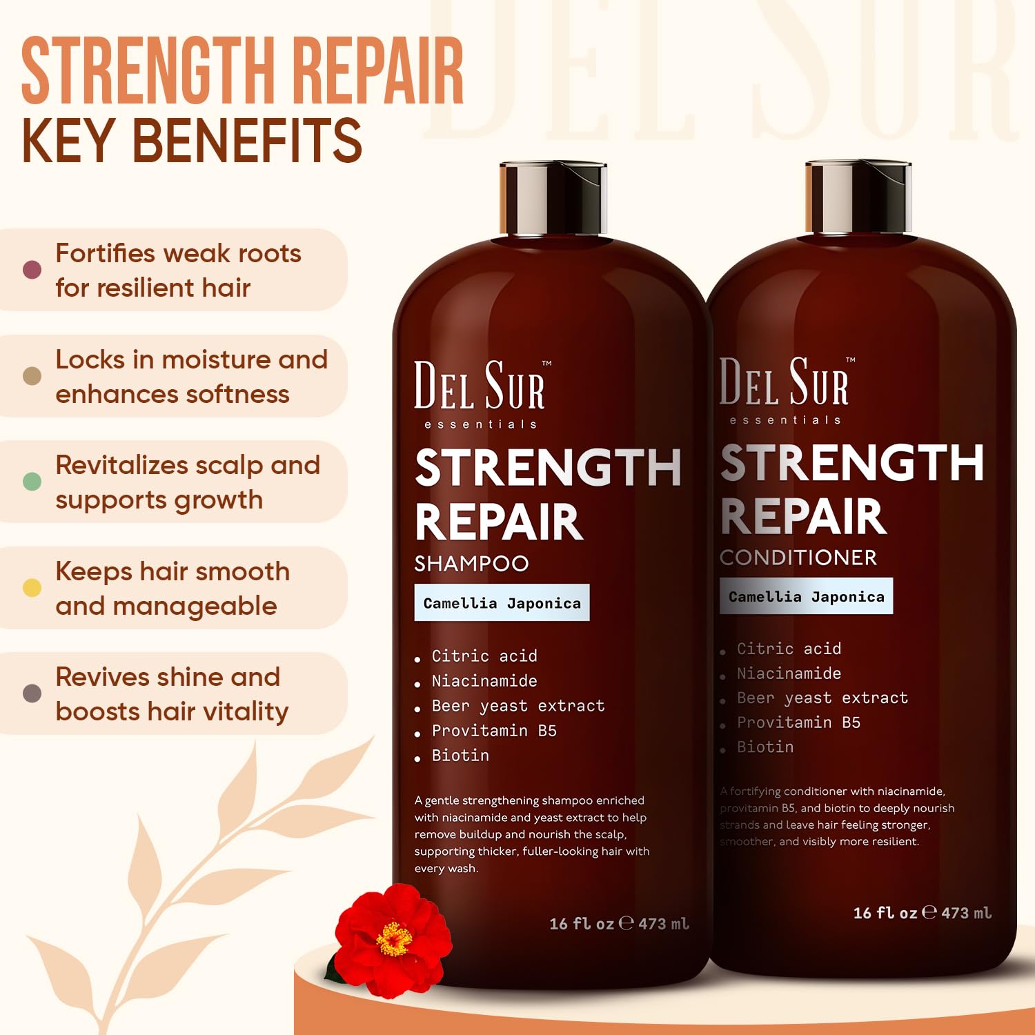 DEL SUR Hair Strengthening Shampoo & Conditioner Set | Camellia Japonica, Niacinamide, Provitamin B5 & Biotin – 16 fl oz Each