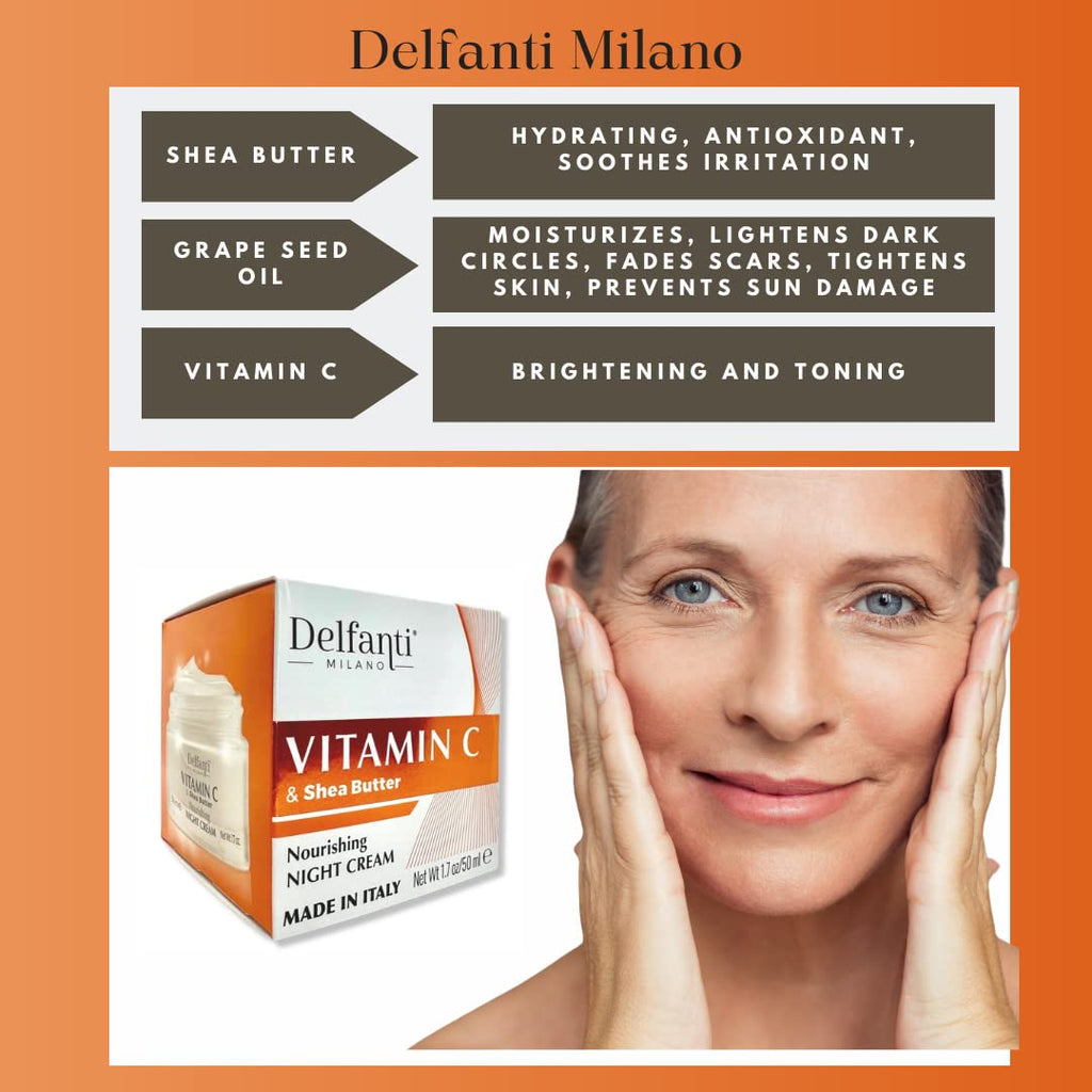 Delfanti-Milano Vitamin C & Shea Butter Night Cream | Nourishing Face & Neck Moisturizer | Made in Italy