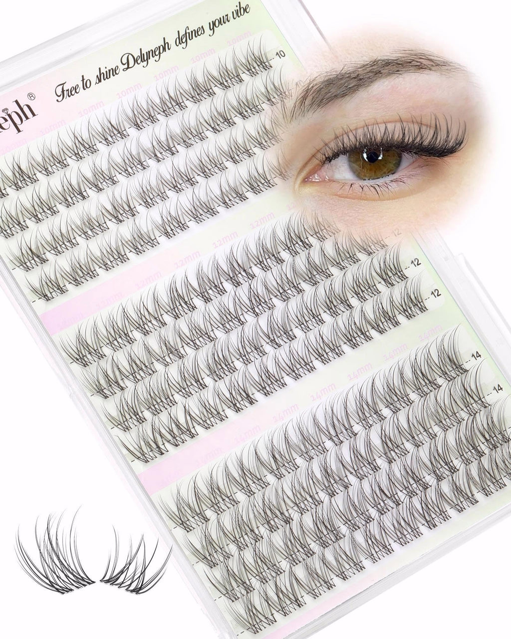 Delyneph Natural Lash Clusters – 10-14mm C Curl Clear Band Wispy Eyelash Extensions