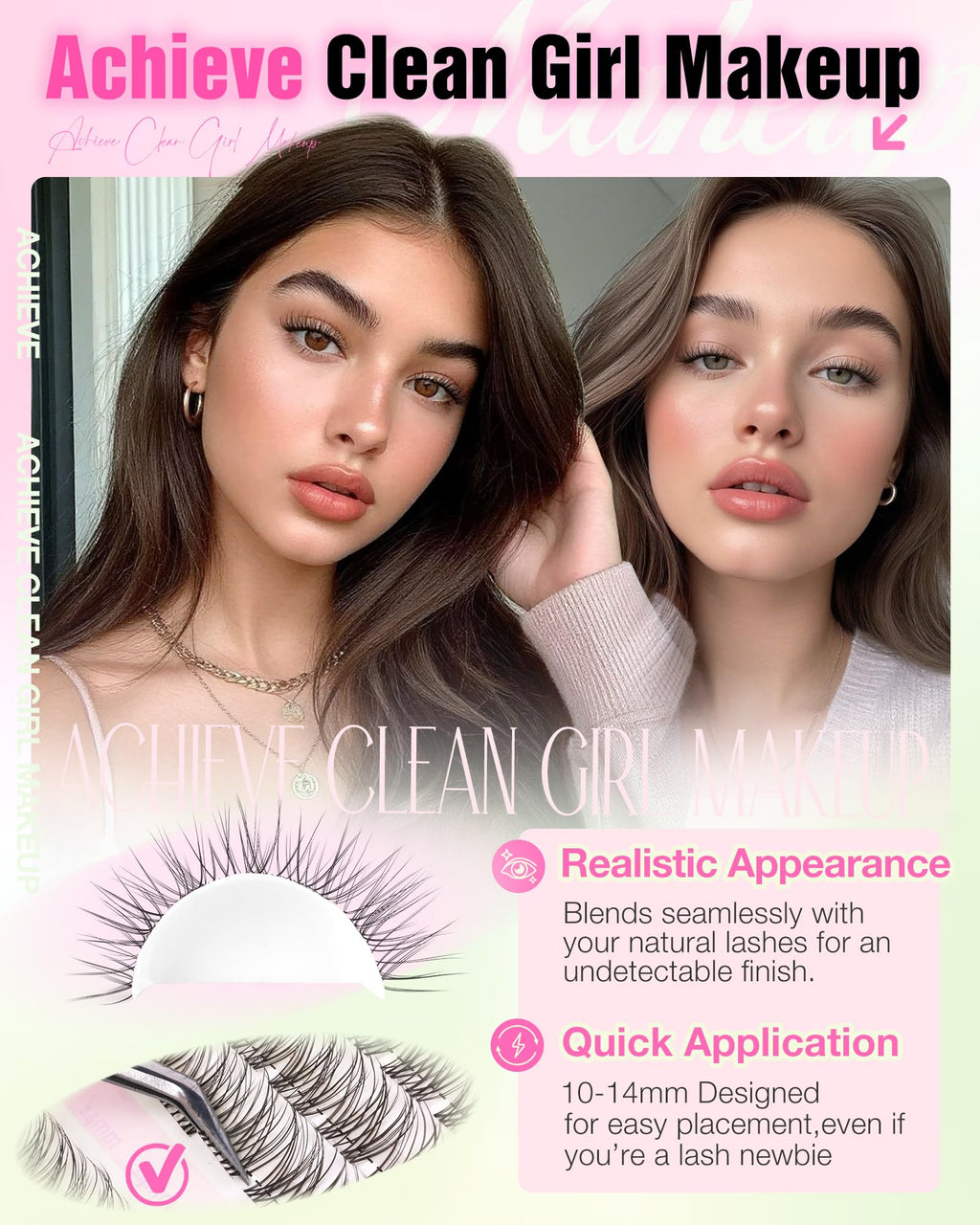 Delyneph Natural Lash Clusters – 10-14mm C Curl Clear Band Wispy Eyelash Extensions