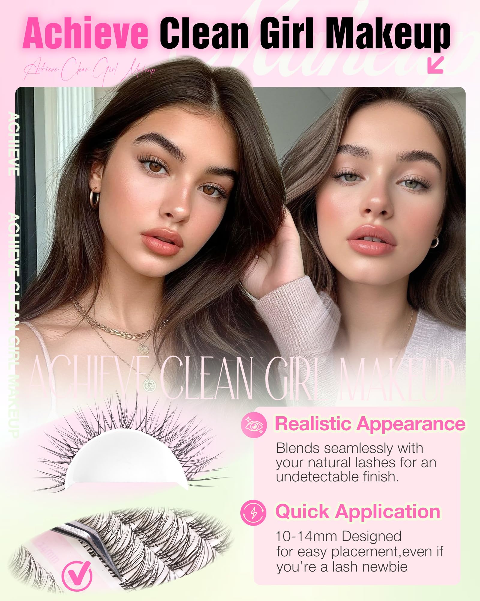 Delyneph Natural Lash Clusters – 10-14mm C Curl Clear Band Wispy Eyelash Extensions