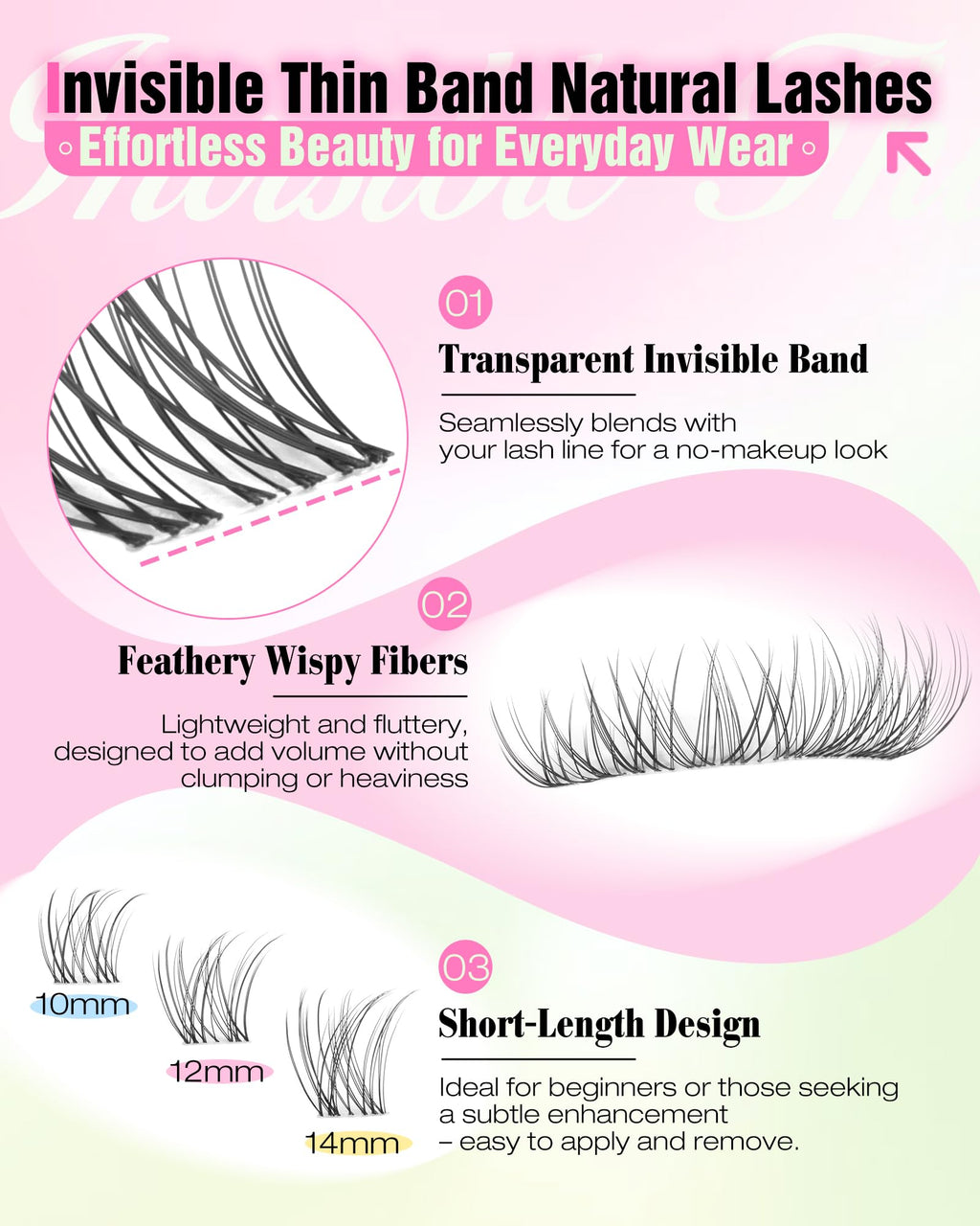 Delyneph Natural Lash Clusters – 10-14mm C Curl Clear Band Wispy Eyelash Extensions