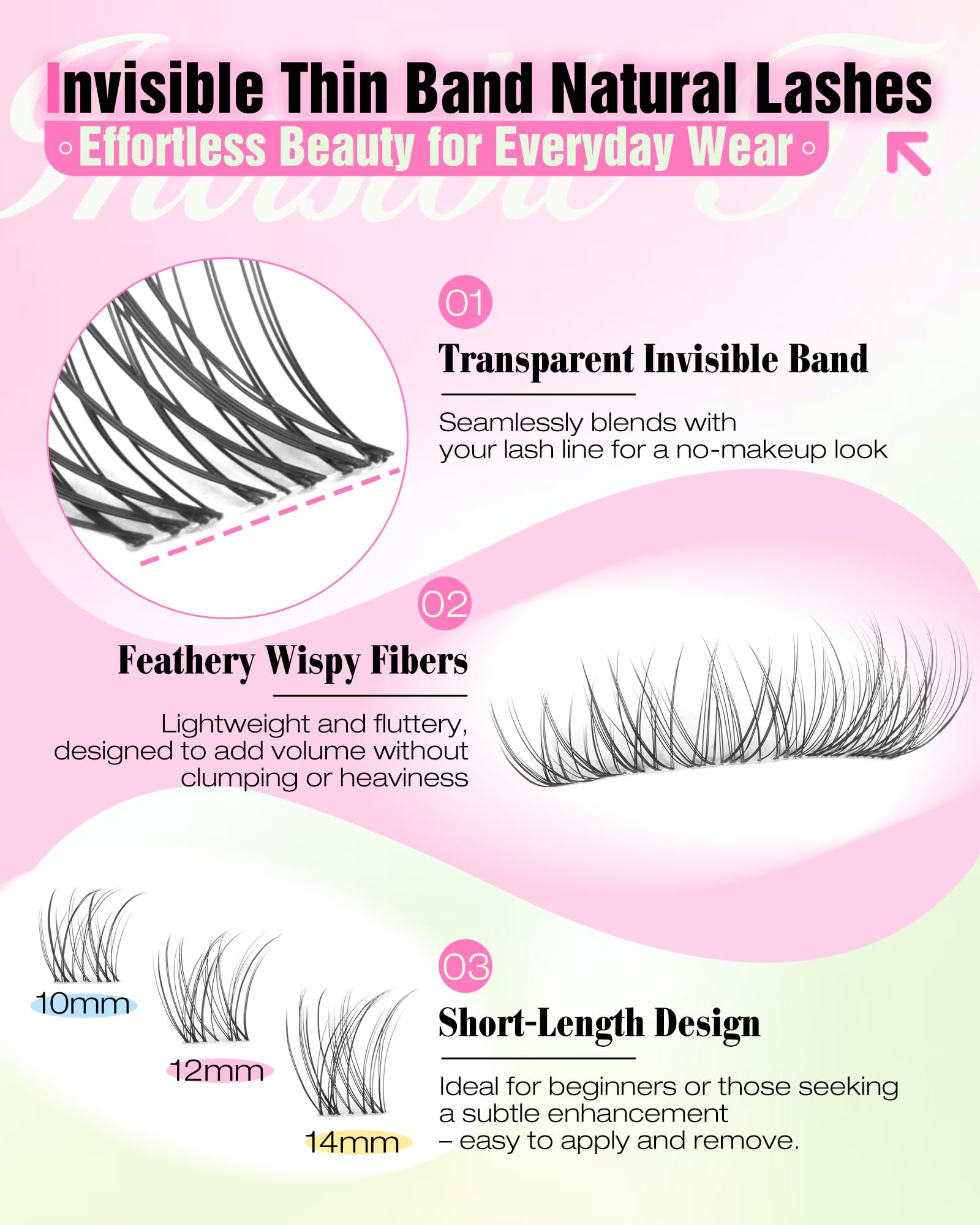 Delyneph Natural Lash Clusters – 10-14mm C Curl Clear Band Wispy Eyelash Extensions