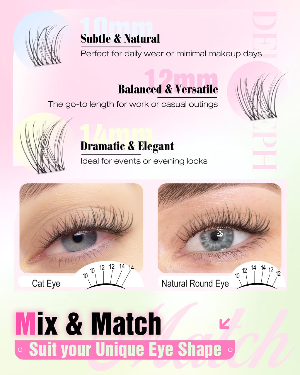 Delyneph Natural Lash Clusters – 10-14mm C Curl Clear Band Wispy Eyelash Extensions
