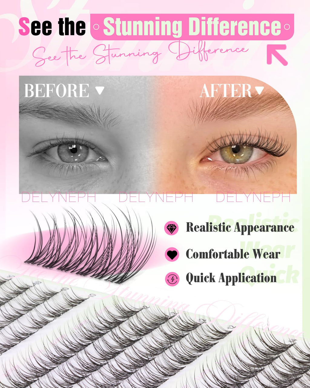 Delyneph Natural Lash Clusters – 10-14mm C Curl Clear Band Wispy Eyelash Extensions