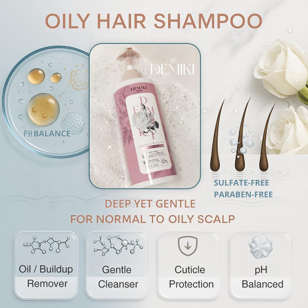 DEMIKI Shampoo for Women — Rose-Scented Clarifying Shampoo for Oily Hair with Keratin Care (Sulfate Free & Paraben Free) 450ml x2