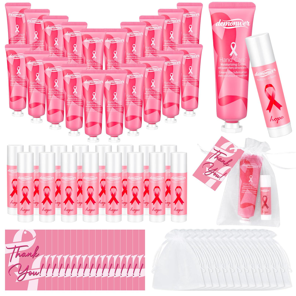 Demonwer 20-Set Breast Cancer Awareness Favors – Pink Ribbon Hand Cream & Lip Balm
