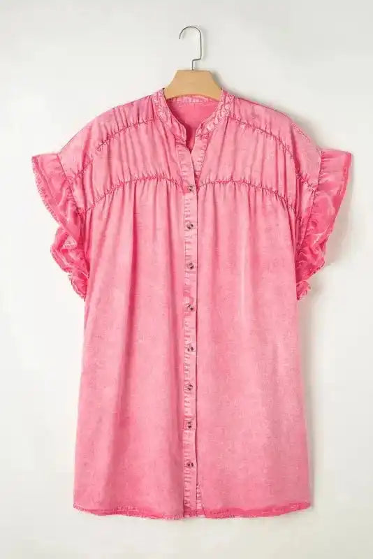 Pink Lyocell Ruffled Sleeve Mini Dress Women UK | Feminine Loose