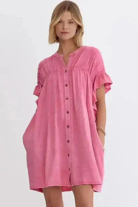 Pink Lyocell Ruffled Sleeve Mini Dress Women UK | Feminine Loose