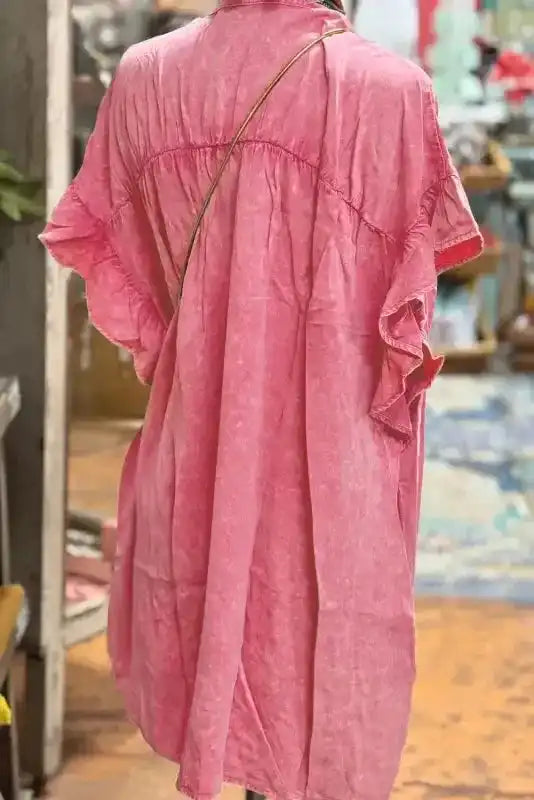 Pink Lyocell Ruffled Sleeve Mini Dress Women UK | Feminine Loose