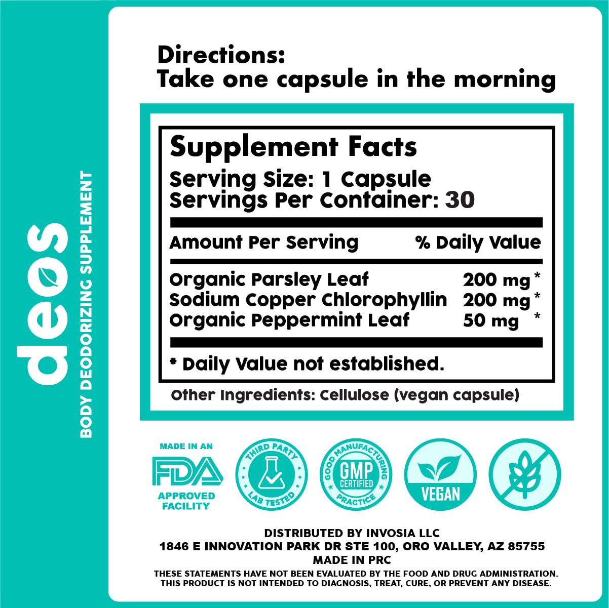 DEOS Internal Deodorant Supplement – Full-Body Odor Control | 30 Vegan Capsules