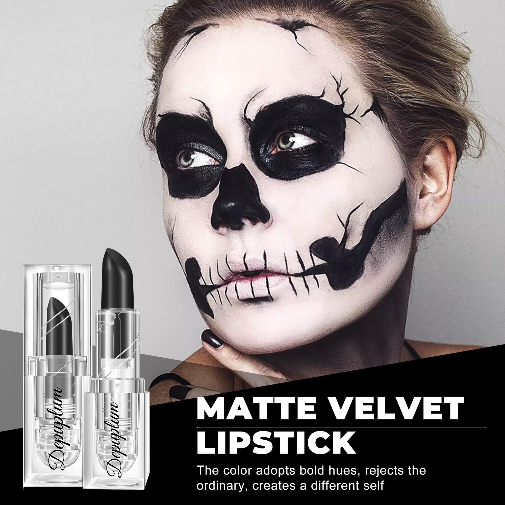 Depuplum Halloween Lipstick Set | Matte Black, White & Red Waterproof Lipsticks for Goth Cosplay