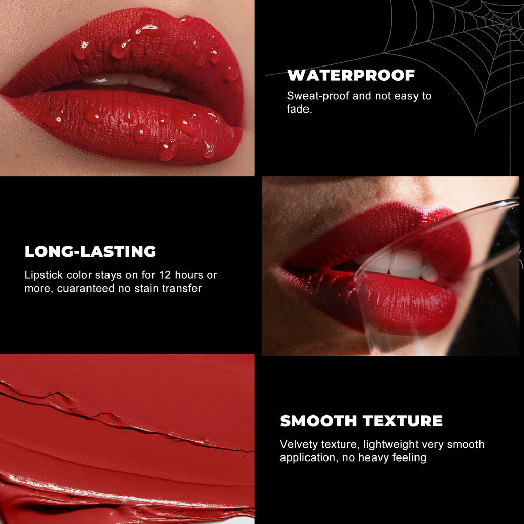 Depuplum Halloween Lipstick Set | Matte Black, White & Red Waterproof Lipsticks for Goth Cosplay