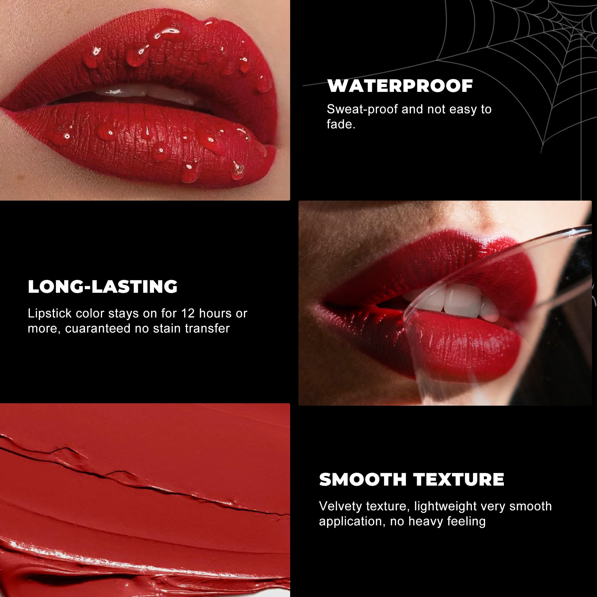 Depuplum Halloween Lipstick Set | Matte Black, White & Red Waterproof Lipsticks for Goth Cosplay