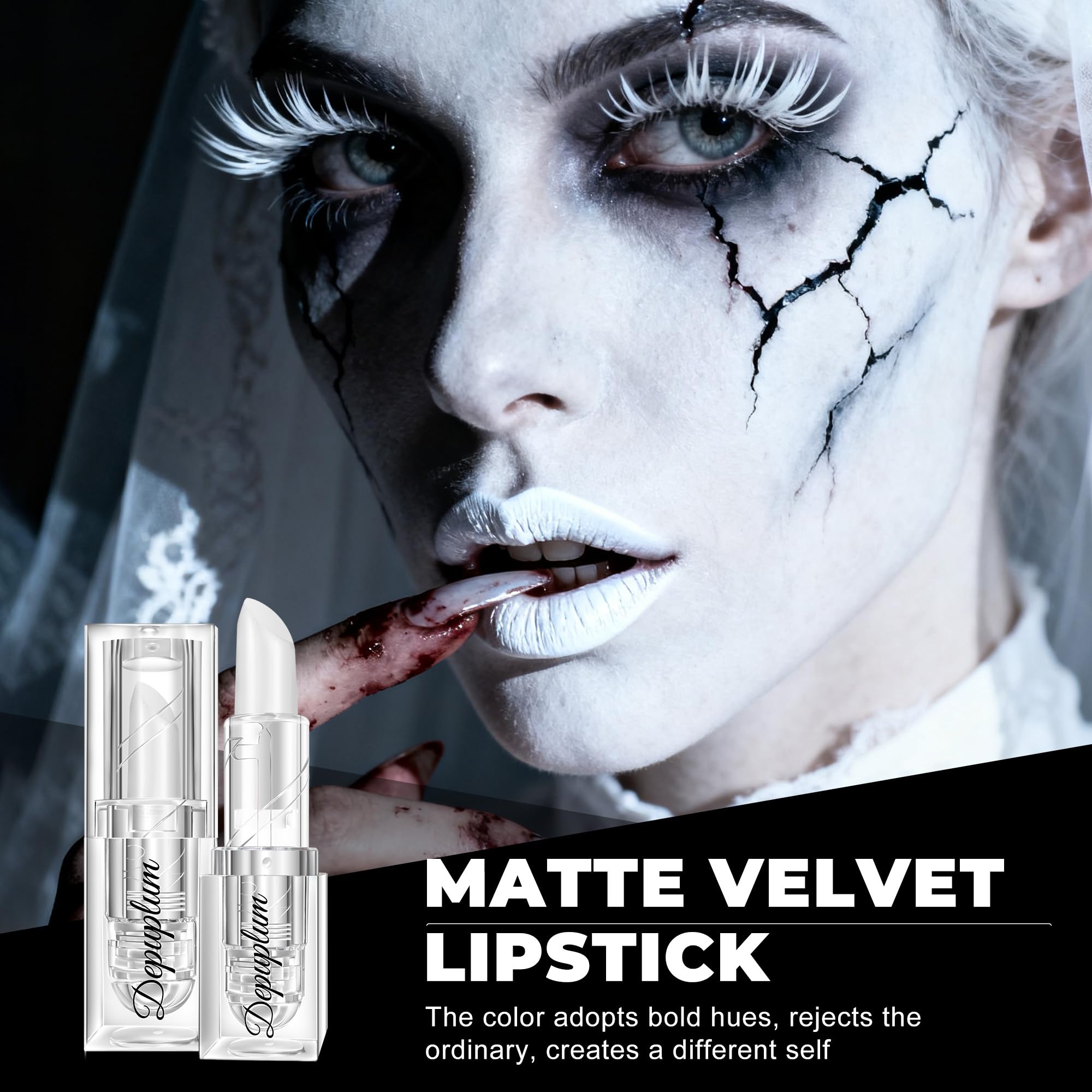 Depuplum Halloween Lipstick Set | Matte Black, White & Red Waterproof Lipsticks for Goth Cosplay
