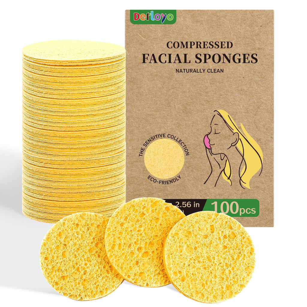 Derloyo 100-Count Compressed Facial Sponges – Natural Biodegradable Cleansing (Yellow)