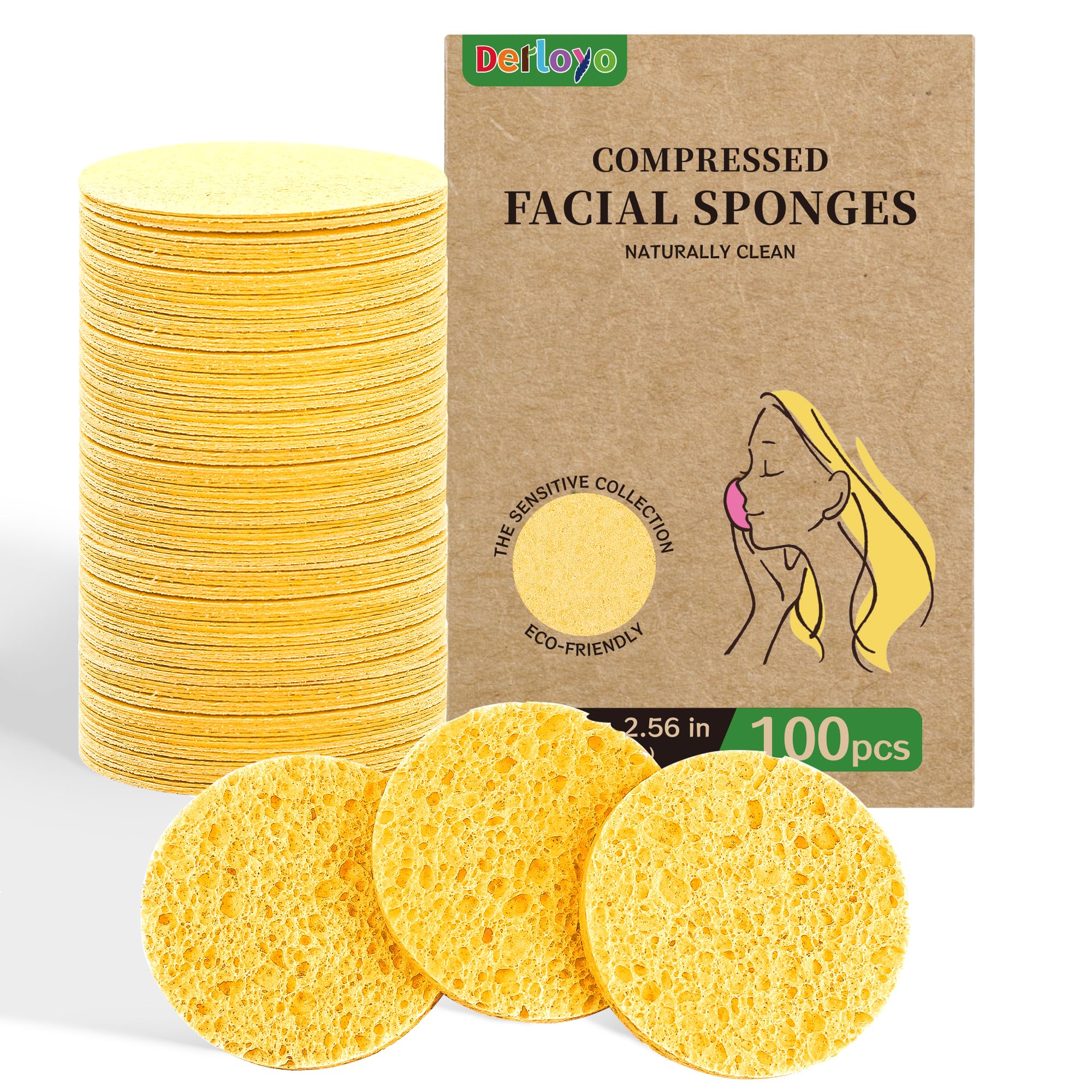 Derloyo 100-Count Compressed Facial Sponges – Natural Biodegradable Cleansing (Yellow)