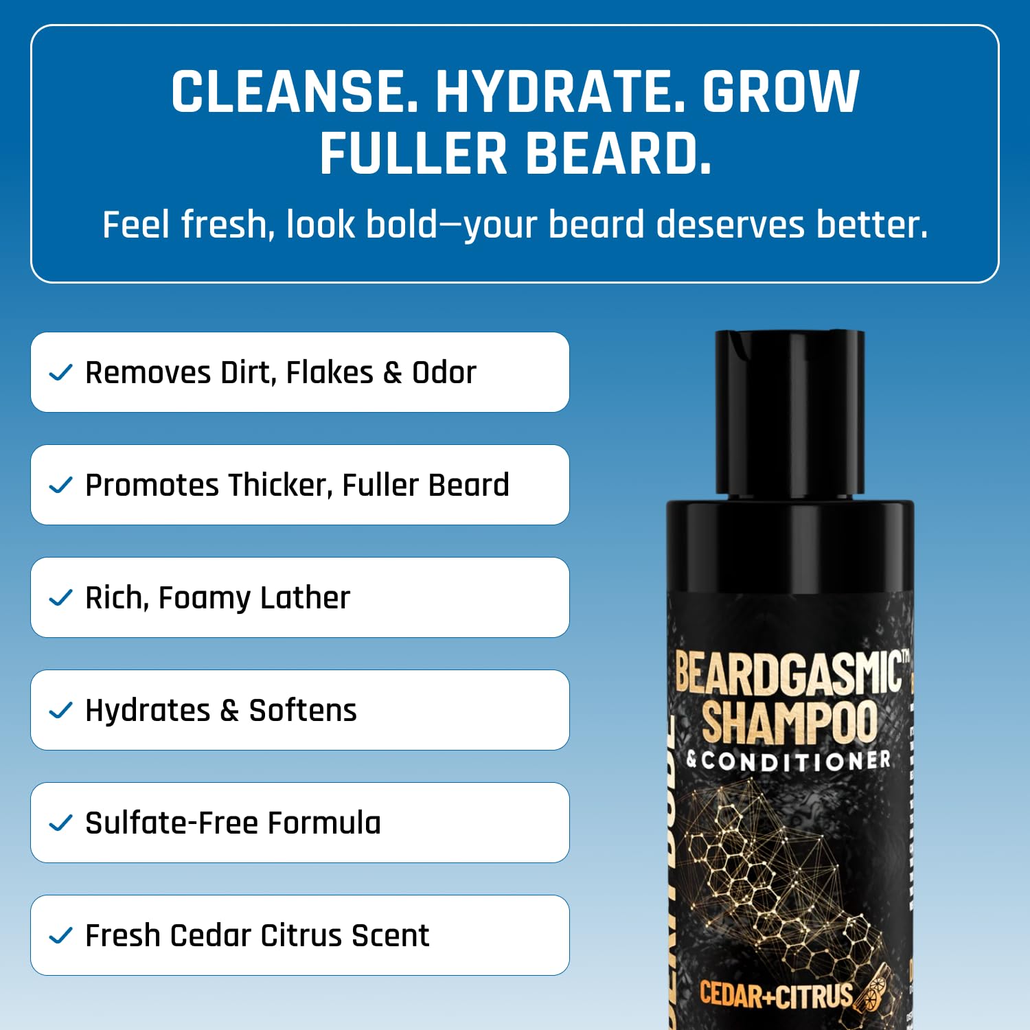 Derm Dude BeardGasmic 2-in-1 Beard Shampoo & Conditioner – Sulfate-Free, Aloe Vera & Vitamin E, Cedar & Citrus, 4oz