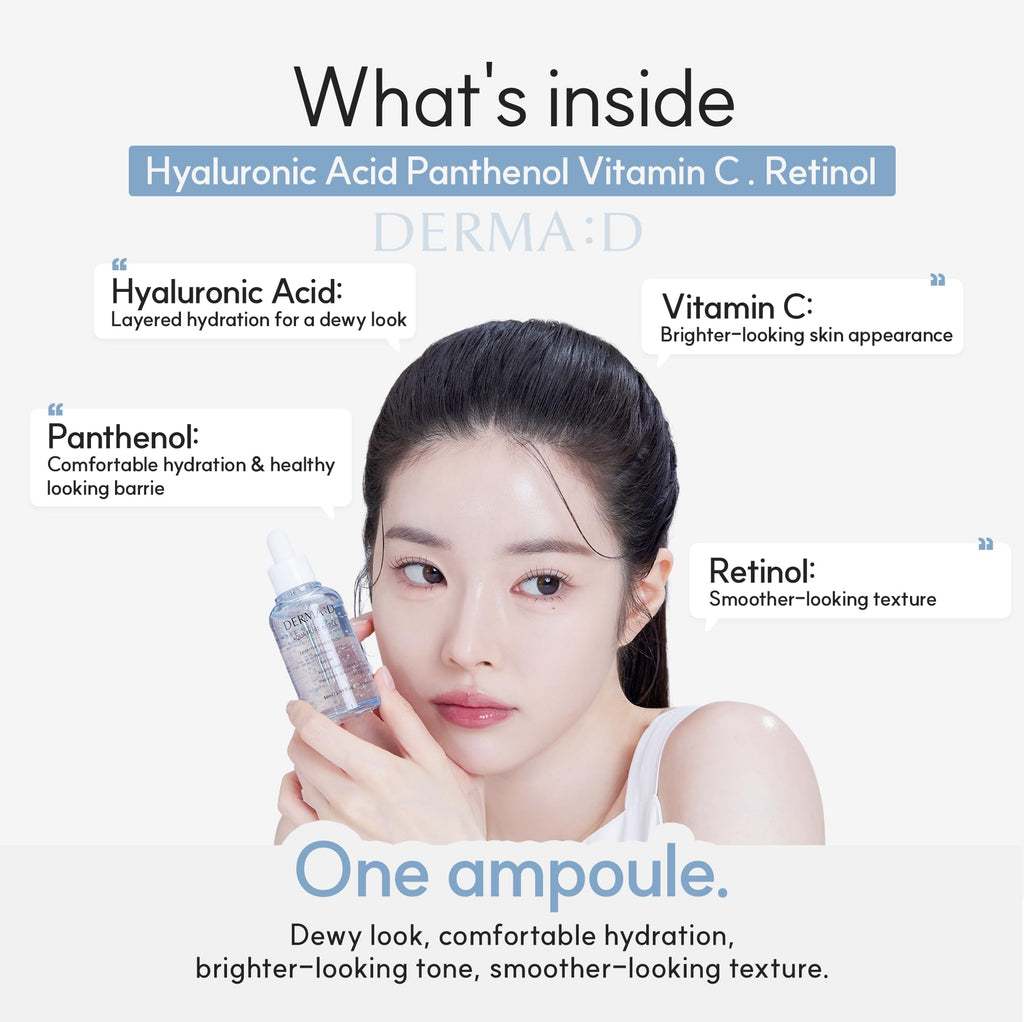 DERMA:D Korean Ampoule with Hyaluronic Acid – Hydrating Serum with Vitamin C, Retinol, Panthenol | 1.69 fl oz