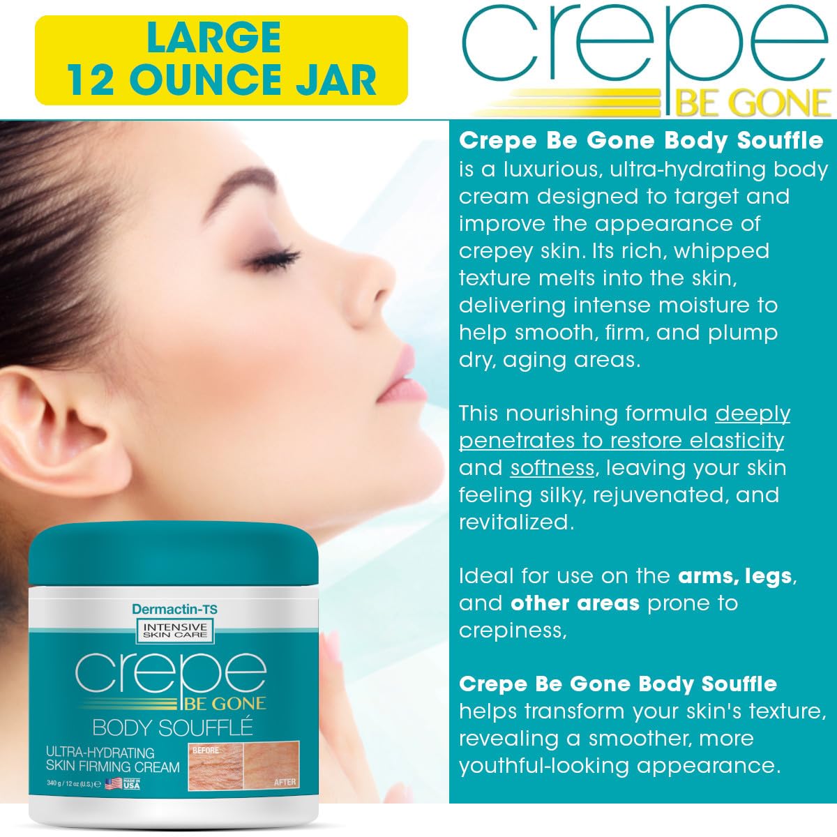 Dermactin Crepe Be Gone Body Souffle Large 12 oz – Ultra Hydrating Crepey Skin Cream