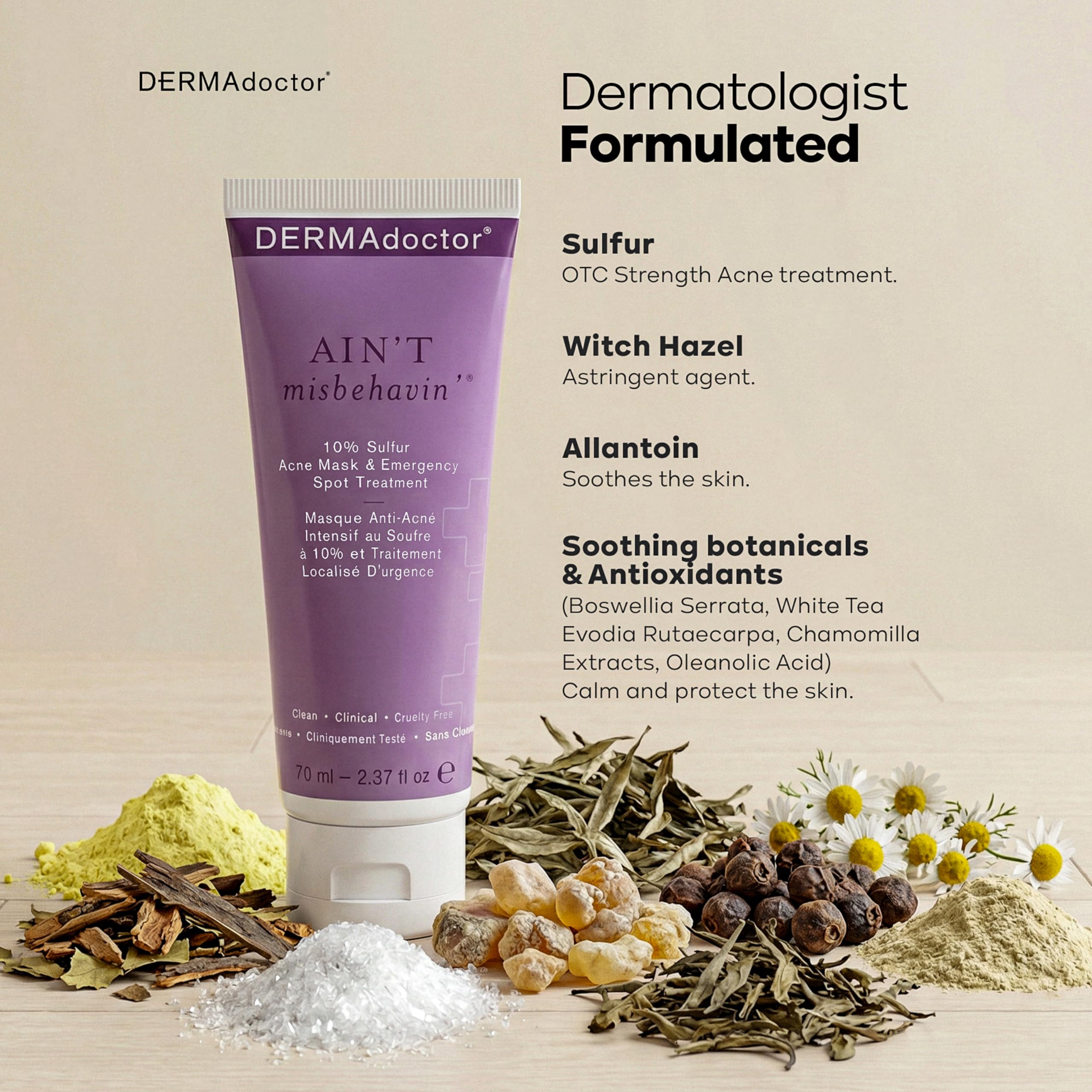 DERMAdoctor Ain't Misbehavin' 10% Sulfur Acne Mask - Oil-Absorbing Facial Treatment (2.3 fl oz)