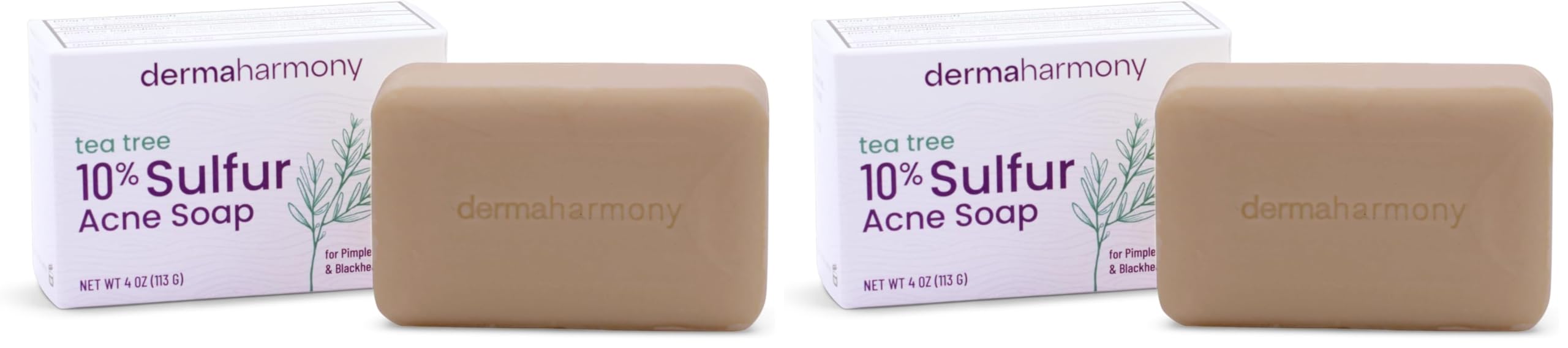 Dermaharmony 10% Sulfur Acne Bar Soap with Tea Tree Oil – Pack of 2 (4 oz each) | Natural, Cruelty-Free Skincare