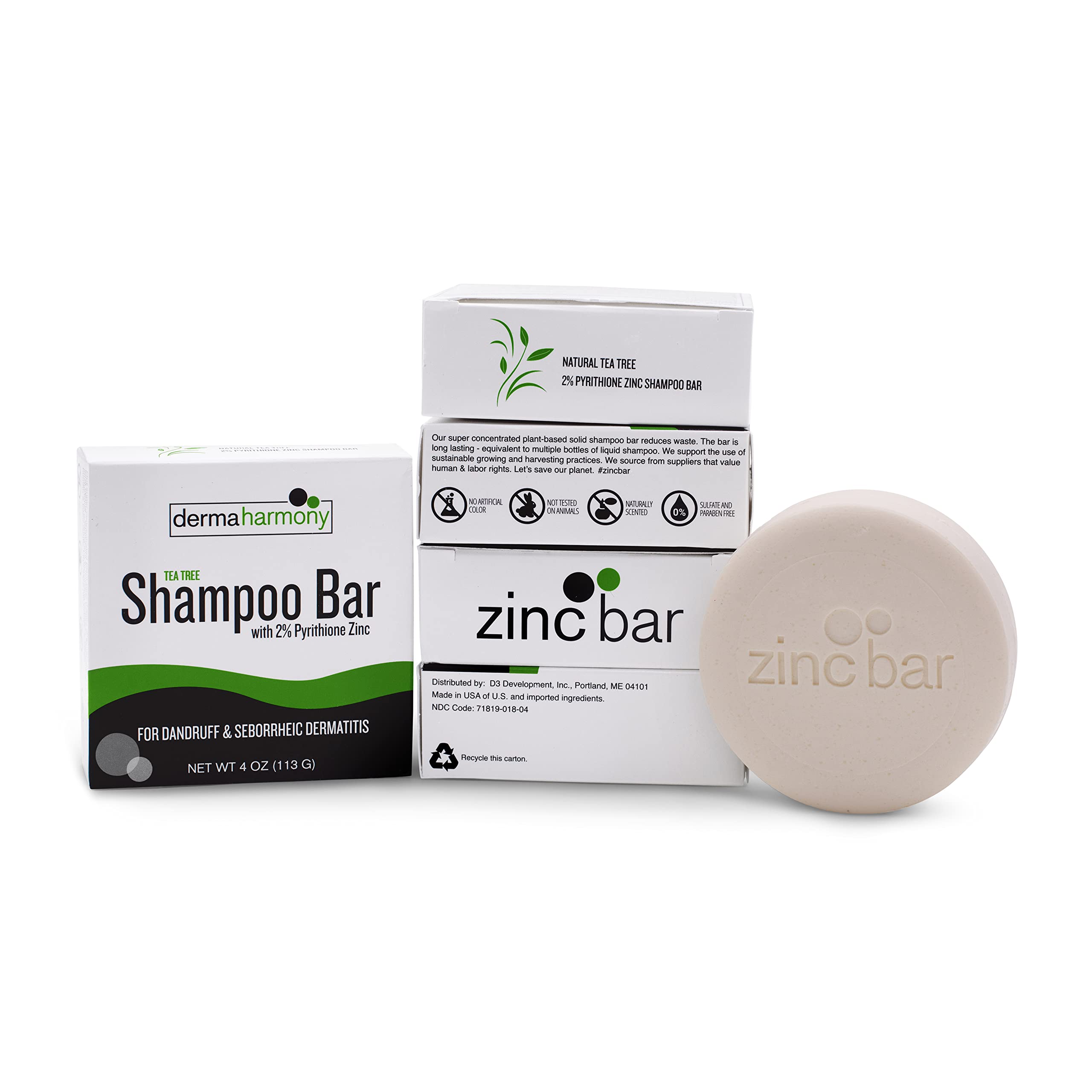 Dermaharmony 2% Pyrithione Zinc Shampoo Bar with Tea Tree — Pack of 2 (4 oz Each)