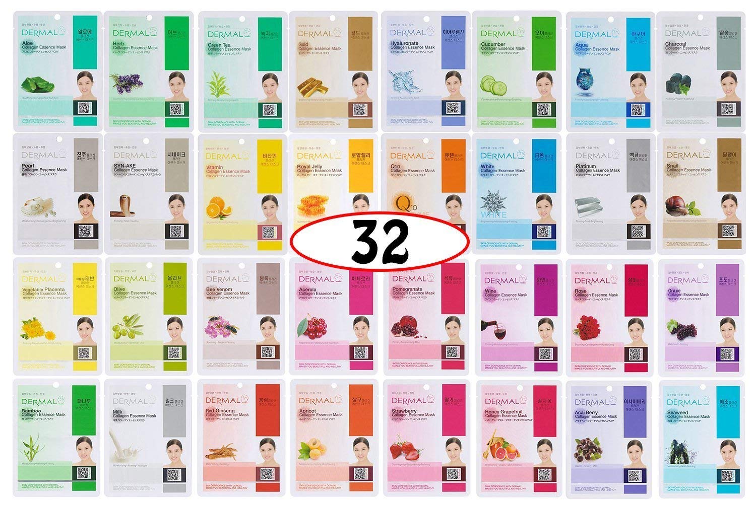 DERMAL Korean Collagen Face Mask 32 Pack A+B Set – Hydrating & Soothing Sheet Masks for All Skin Types