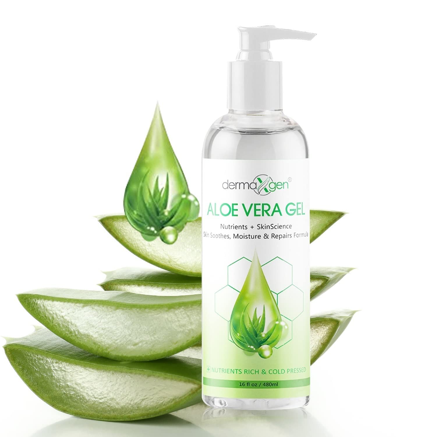 DERMAXGEN Aloe Vera Gel – Organic 100% Pure Aloe, Witch Hazel, Vitamin C & E | Hydration & Soothing, Cold-Pressed 16 oz