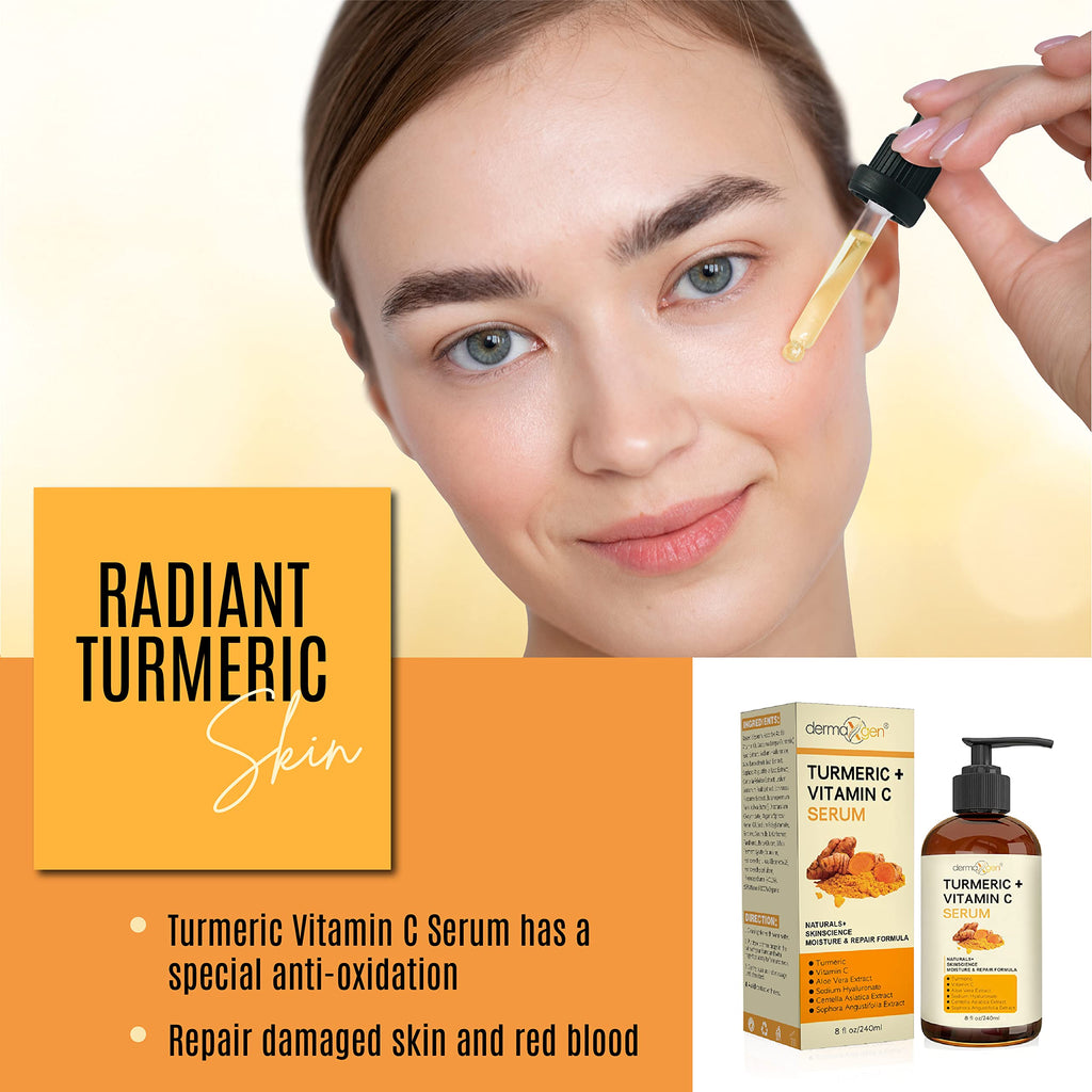 DERMAXGEN Turmeric Serum + Vitamin C for Glow & Hydration – Organic Moisturizer, 8 fl oz