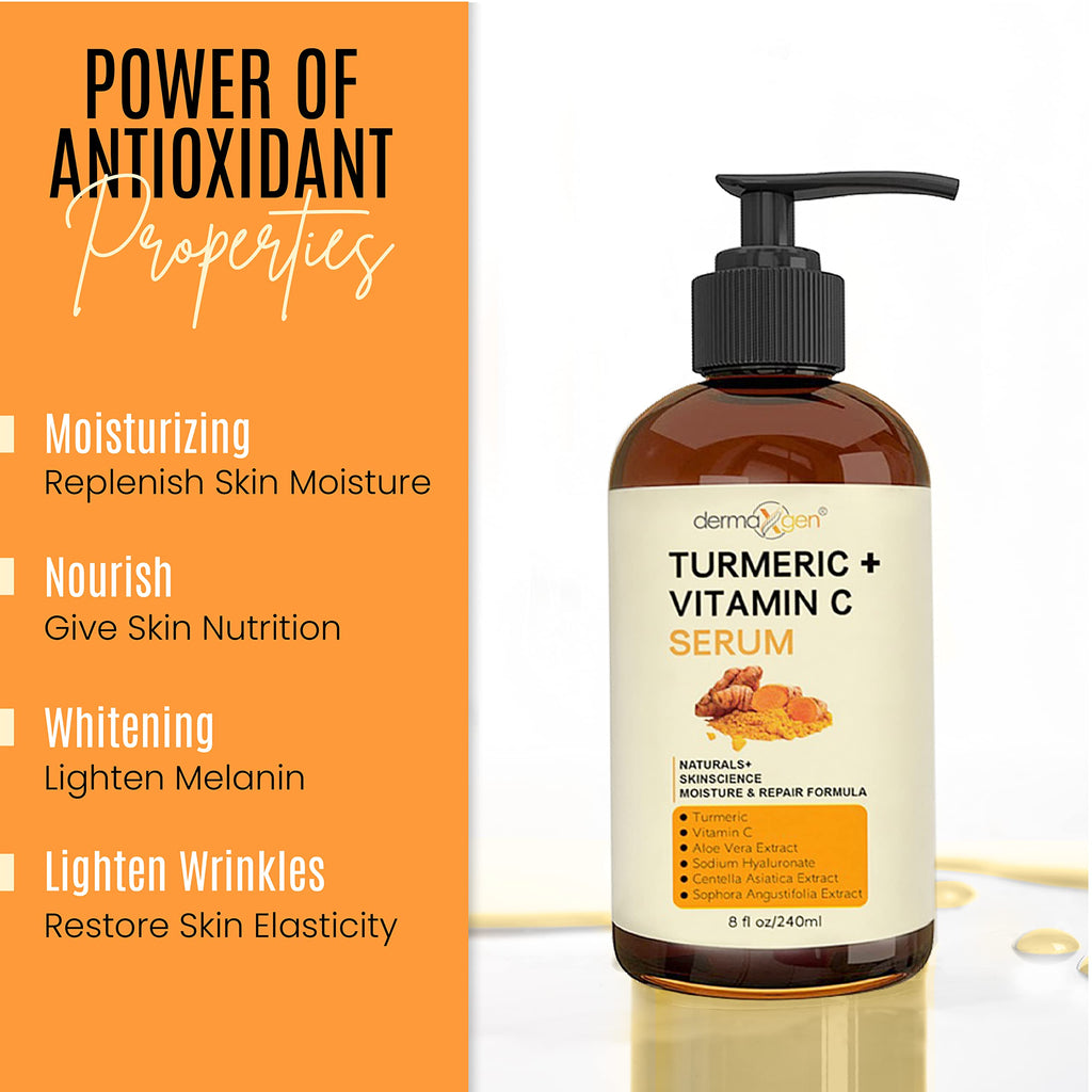 DERMAXGEN Turmeric Serum + Vitamin C for Glow & Hydration – Organic Moisturizer, 8 fl oz