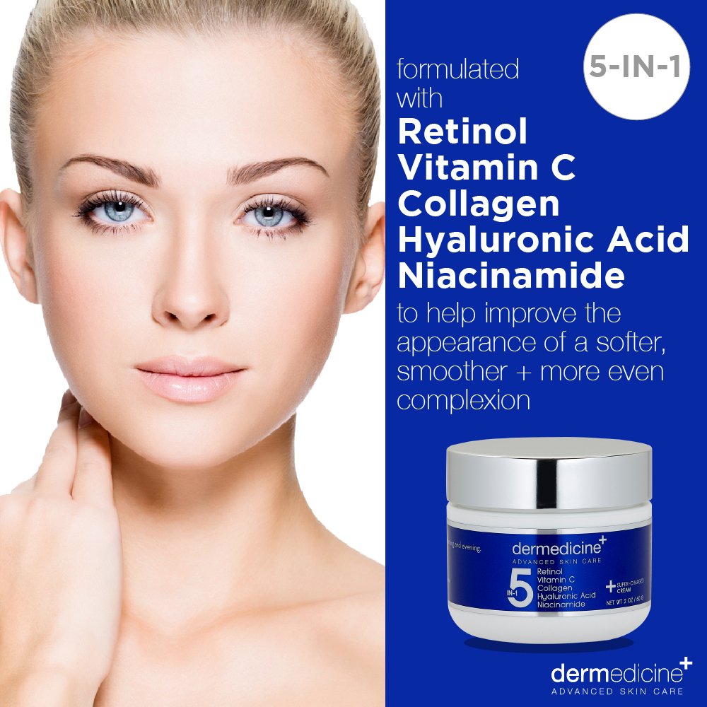 Dermedicine 5-in-1 Retinol, Vitamin C, Collagen, Hyaluronic Acid & Niacinamide Cream | Smooth Fine Lines & Brighten Dark Spots | 2 oz