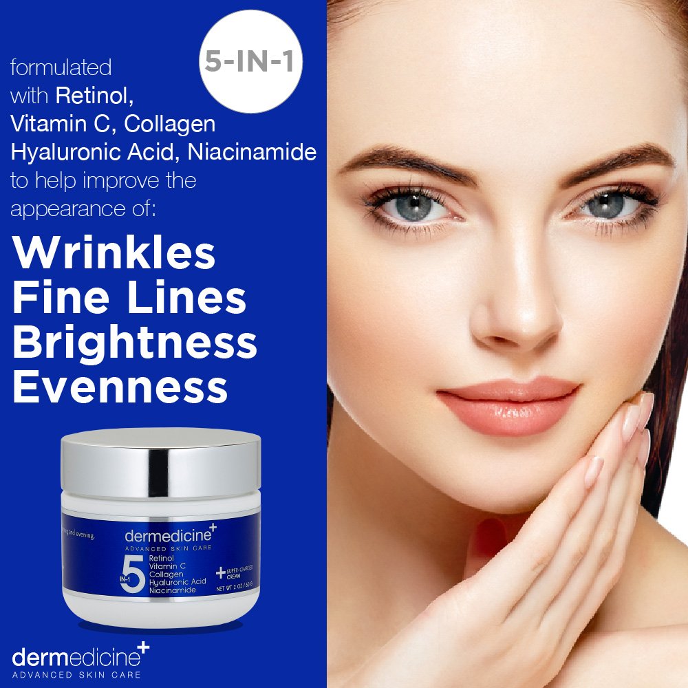 Dermedicine 5-in-1 Retinol, Vitamin C, Collagen, Hyaluronic Acid & Niacinamide Cream | Smooth Fine Lines & Brighten Dark Spots | 2 oz