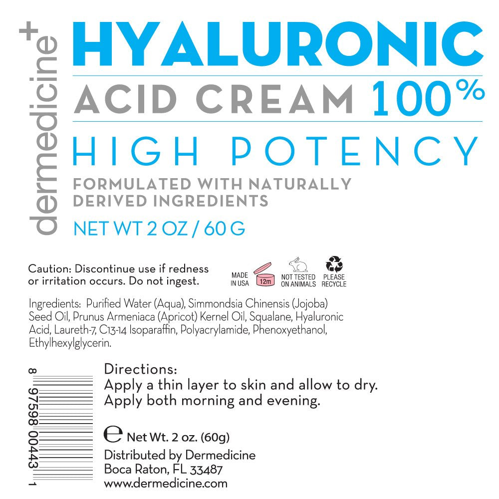 Dermedicine 100% Hyaluronic Acid Cream with Jojoba & Apricot Oil — Professional Hydration for Plump, Even Skin