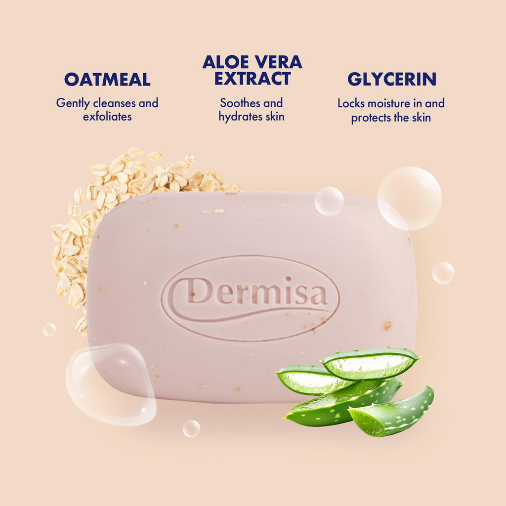Dermisa Exfoliating Oatmeal Bar – Gentle Cleanse & Exfoliation for Dry Skin | Oatmeal + Aloe Vera | No Parabens, No Sulfates | 3 oz Pack of 3