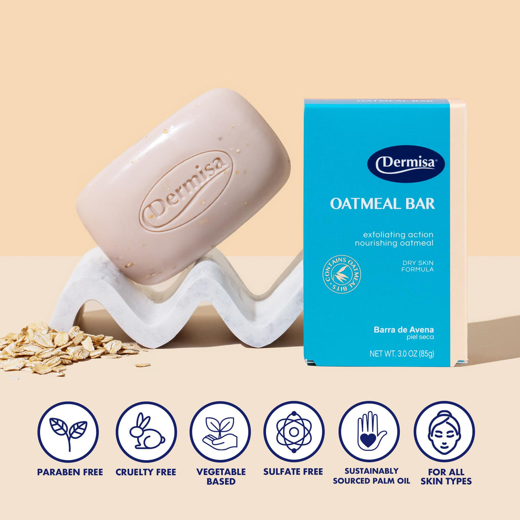 Dermisa Exfoliating Oatmeal Bar – Gentle Cleanse & Exfoliation for Dry Skin | Oatmeal + Aloe Vera | No Parabens, No Sulfates | 3 oz Pack of 3