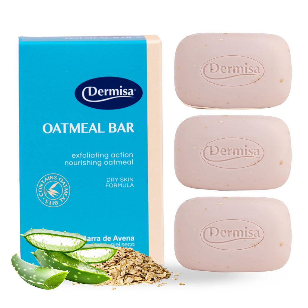 Dermisa Exfoliating Oatmeal Bar – Gentle Cleanse & Exfoliation for Dry Skin | Oatmeal + Aloe Vera | No Parabens, No Sulfates | 3 oz Pack of 3