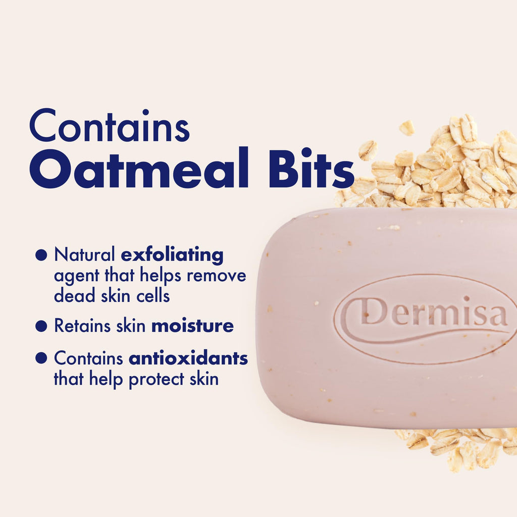 Dermisa Exfoliating Oatmeal Bar – Gentle Cleanse & Exfoliation for Dry Skin | Oatmeal + Aloe Vera | No Parabens, No Sulfates | 3 oz Pack of 3