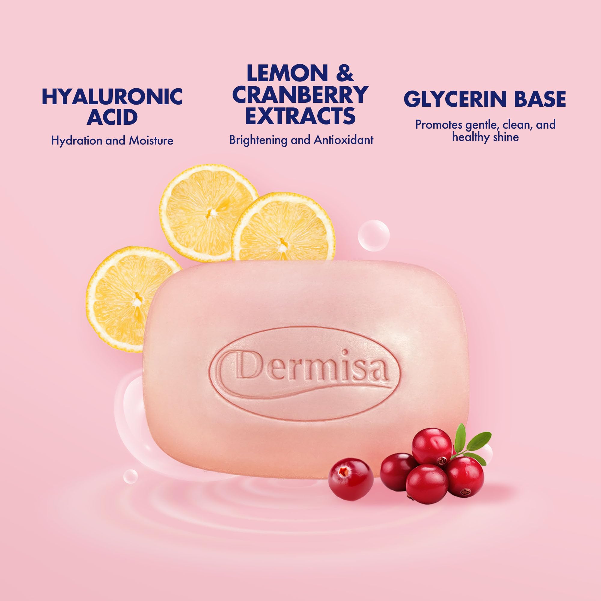 Dermisa Super Plus Brightening Bar — Hyaluronic Acid, Lemon & Cranberry | No Parabens No Sulfates | 3 oz Bar (3-Pack)