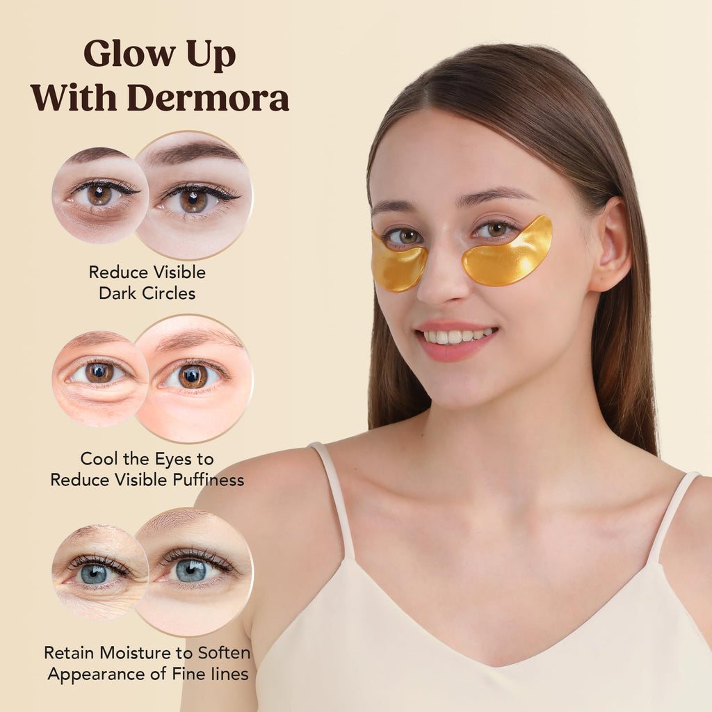 DERMORA Golden Glow Under Eye Patches – 15 Pairs | Refreshing, Rejuvenating Eye Gels